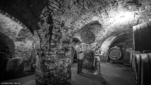 Hrastove bačve iz 1822. u vinskom podrumu Zrinskih iz 16. stoljeća, ekološka vinarija Vino Lovrec, Sveti Urban, Međimurje